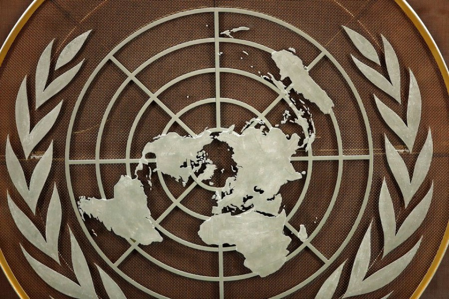 The logo of the United Nations is seen in the General Assembly hall before heads of state begin to address the 76th Session of the UN General Assembly in New York City, US on September 21, 2021 — Reuters/Files