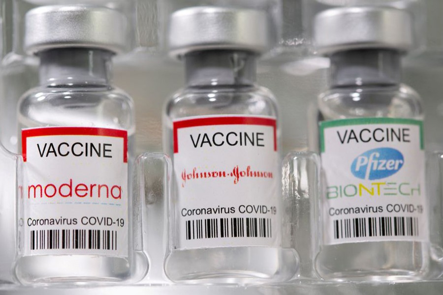 Vials labelled "Moderna, Johnson & Johnson, Pfizer-BioNTech coronavirus disease (Covid-19) vaccine" are seen in this illustration picture taken on May 2, 2021 — Reuters/Files