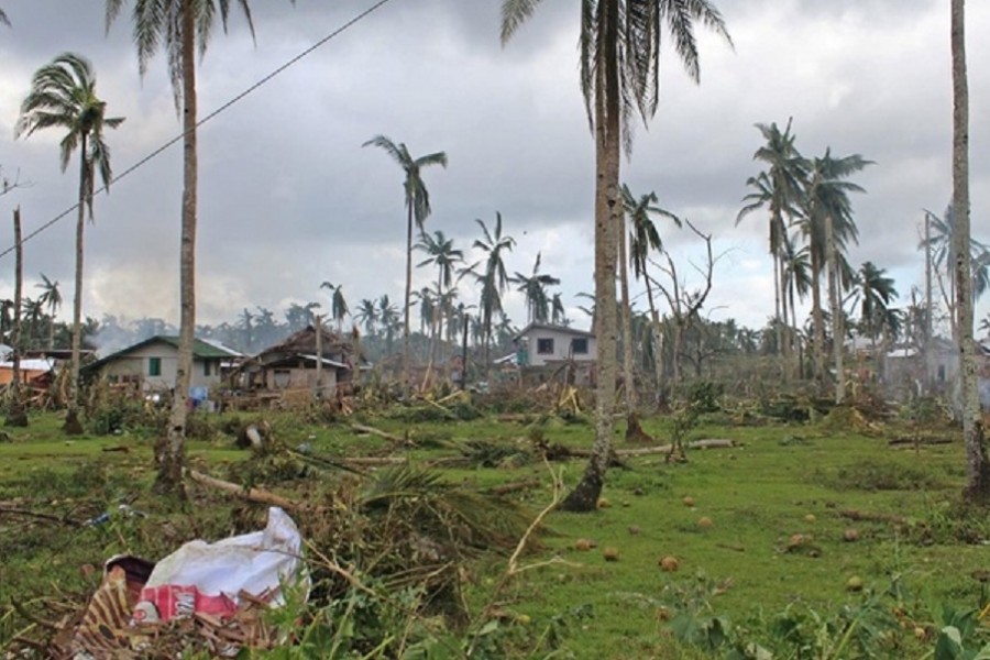 Houses and trees damaged by typhoon Rai are seen, in Surigao del Norte province, Philippines, December 18, 2021. Picture taken December 18, 2021. Philippine Coast Guard/Handout via REUTERS