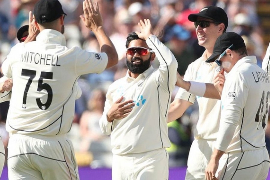 Cricket - Second Test - England v New Zealand - Edgbaston Stadium, Birmingham, Britain - June 12, 2021 New Zealand's Ajaz Patel celebrates after taking the wicket of England's James Bracey Action Images via Reuters/Peter Cziborra