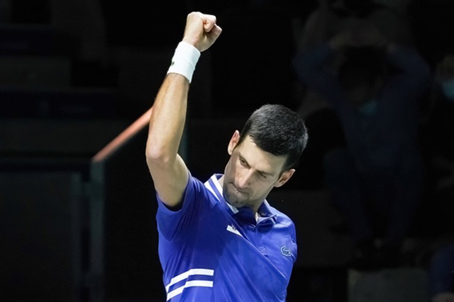 Novak Djokovic of Serbia celebrates after winning the match against Marin Cilic of Croatia during the Davis Cup Finals 2021 Semi Final match between Croatia and Serbia at Madrid Arena. Victory for Djokovic, Novak. (6.4) (6.2). (Photo by Atilano Garcia / SOPA Images/Sipa USA)