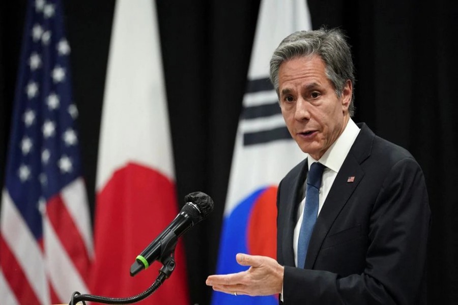 US Secretary of State Antony Blinken speaks during a joint press availability with South Korean Foreign Minister Chung Eui-yong and Japanese Foreign Minister Yoshimasa Hayashi following their meeting in Honolulu, Hawaii on February 12, 2022 — Reuters photo