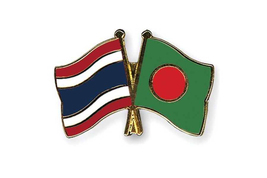 Flags of Bangladesh and Thailand are seen cross-pinned in this photo symbolising friendship between the two nations