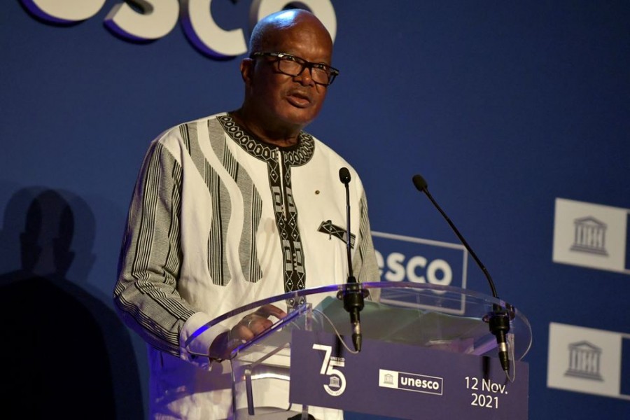 Burkina Faso's President Roch Marc Christian Kabore speaks during the 75th anniversary celebrations of the United Nations Educational, Scientific and Cultural Organization (UNESCO) at UNESCO headquarters in Paris, France, November 12, 2021. Julien de Rosa/ Pool via REUTERS/File Photo