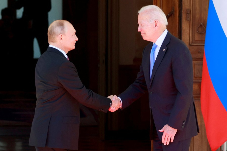 US President Joe Biden and Russia's President Vladimir Putin shake hands during the US-Russia summit at Villa La Grange in Geneva, Switzerland on June 16, 2021 — Pool via Reuters