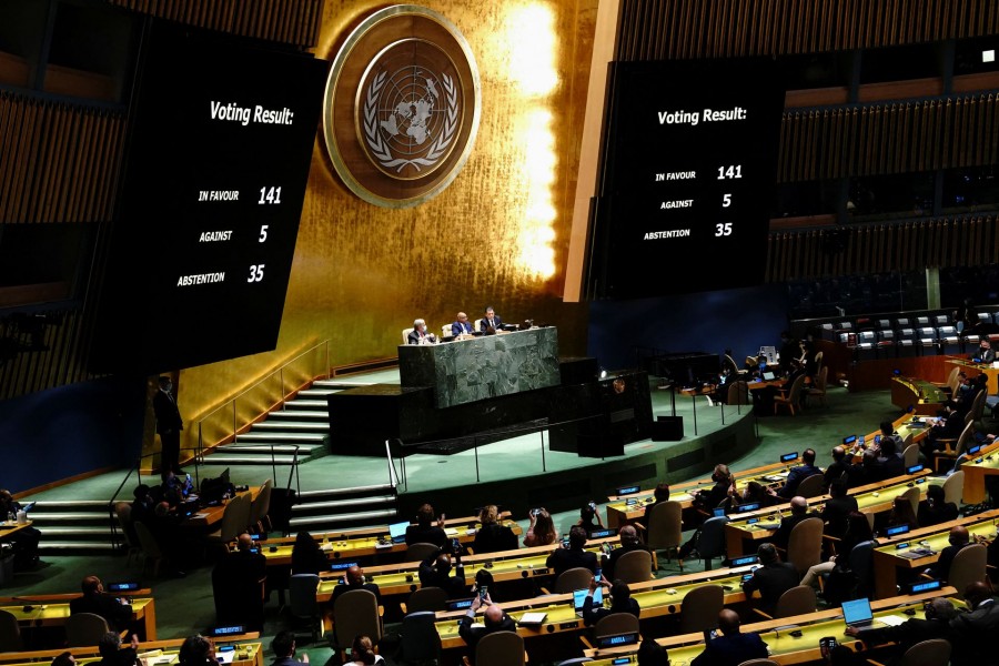 A general view shows the results of the voting during the 11th emergency special session of the 193-member UN General Assembly on Russia's invasion of Ukraine, at the United Nations Headquarters in Manhattan, New York City, US, March 2, 2022. REUTERS/Carlo Allegri