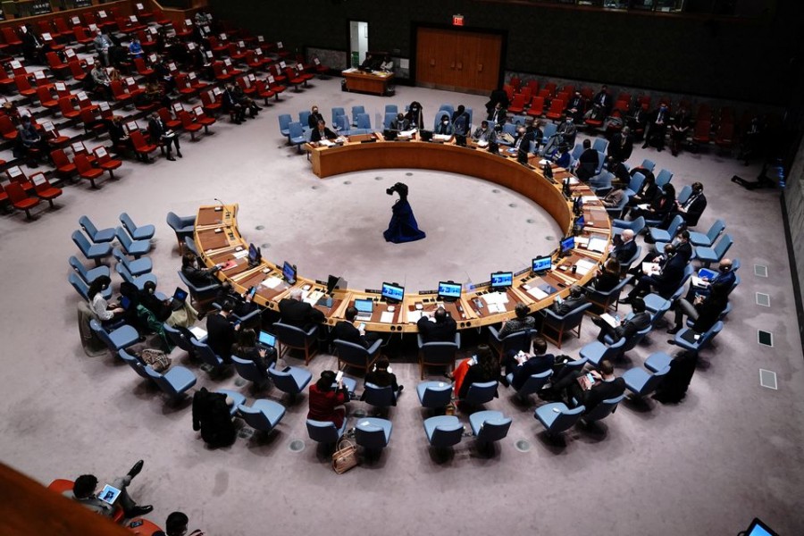 A general view of the United Nations Security Council meeting after Russia's invasion of Ukraine, at the United Nations Headquarters in Manhattan, New York City, New York, US, February 28, 2022. REUTERS/Carlo Allegri