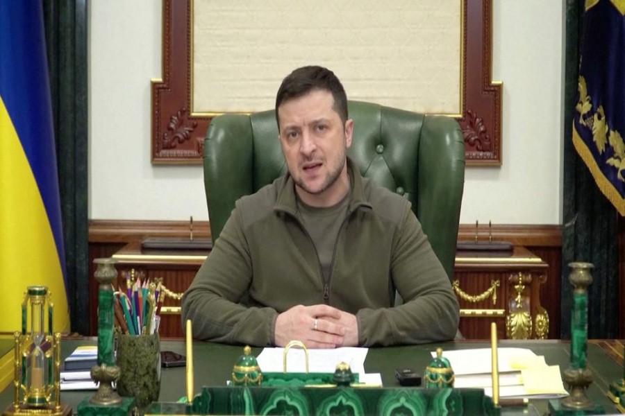 Ukrainian President Volodymyr Zelenskiy speaks in Kyiv, Ukraine, March 7, 2022 in this still image taken from video. Ukrainian President Office/via Reuters TV/Handout via REUTERS