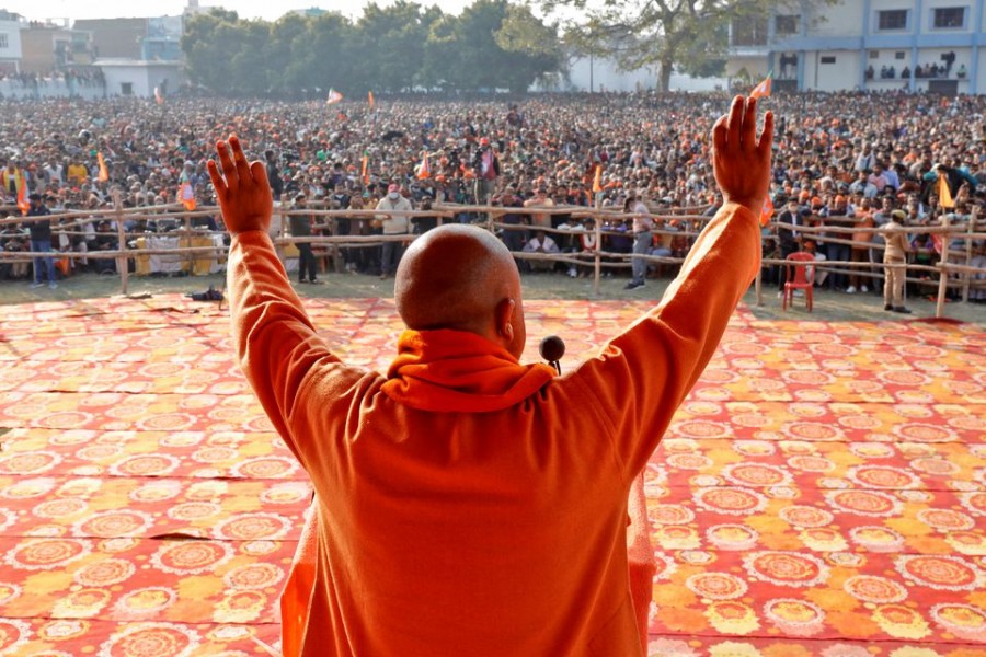 Yogi Adityanath, Chief Minister of the northern state of Uttar Pradesh, addresses his party supporters during an election campaign rally in Sambhal district of the northern state, India, February 10, 2022. REUTERS/Pawan Kumar