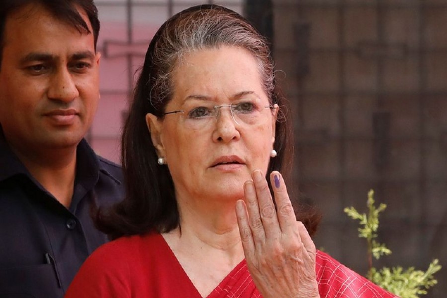 Sonia Gandhi, leader of India's main opposition Congress party, shows her ink-marked finger after casting her vote at a polling station during the sixth phase of general election in New Delhi, India, May 12, 2019 -- Reuters/Anushree Fadnavis