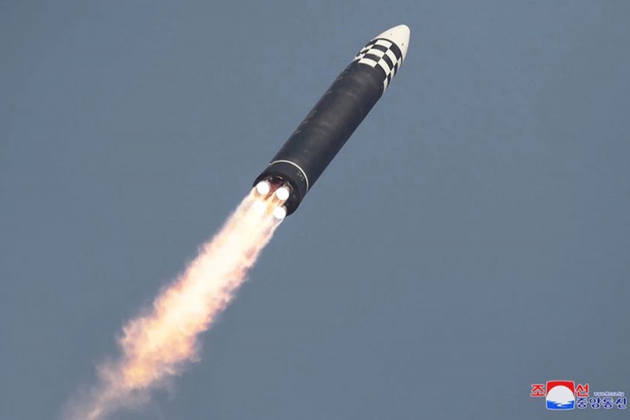 General view during the test firing of what state media report is a North Korean "new type" of intercontinental ballistic missile (ICBM) in this undated photo released on March 24, 2022 by North Korea's Korean Central News Agency (KCNA) — KCNA via REUTERS