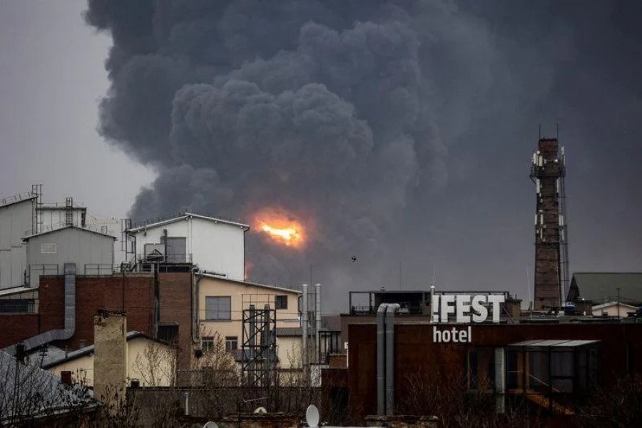 Smoke rises after an airstrike in Lviv - Reuters