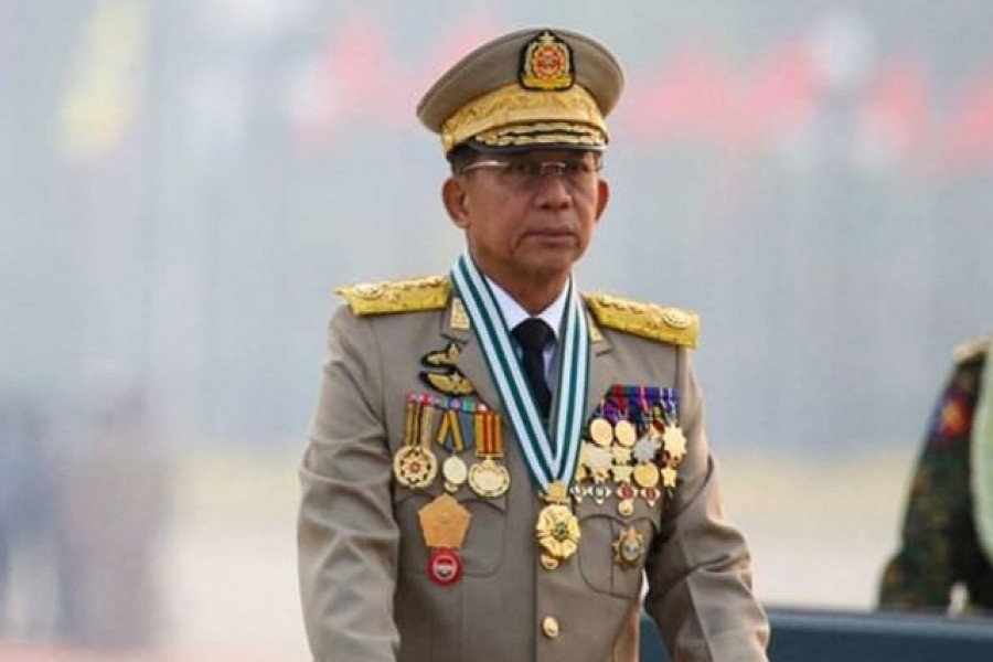 Myanmar's junta chief Senior General Min Aung Hlaing, who ousted the elected government in a coup on Feb 1, 2021, presides at an army parade on Armed Forces Day in Naypyitaw, Myanmar, Mar 27, 2021. Reuters