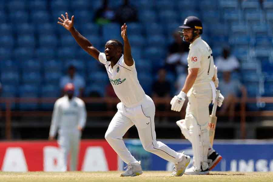 West Indies' Kemar Roach celebrating taking the wicket of England's Jack Leach during their third Test at National Cricket Stadium in Grenada on Sunday –Reuters file photo