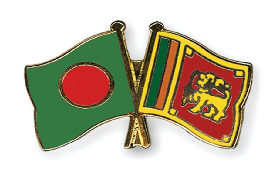 Flags of Bangladesh and Sri Lanka are seen cross-pinned in this photo symbolising friendship between the two nations