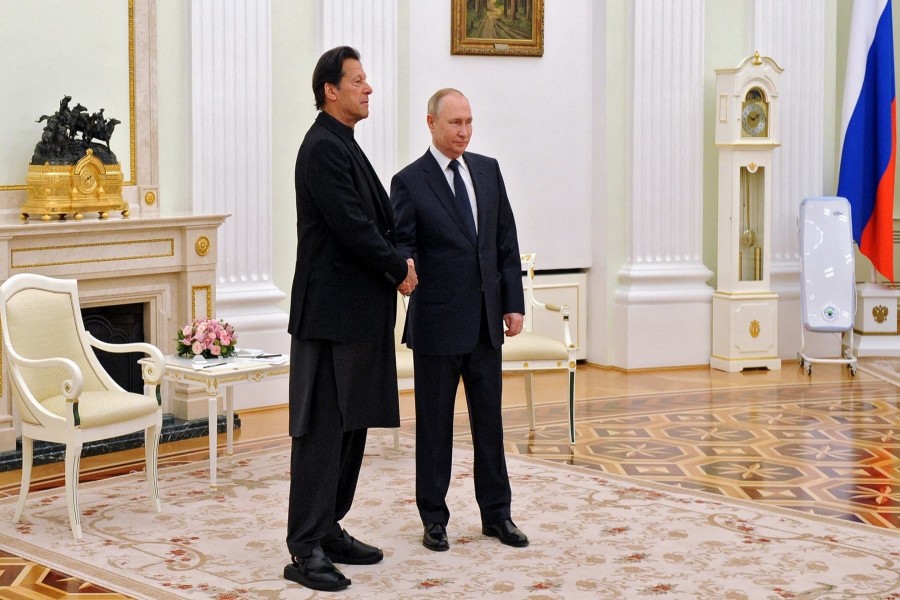 Russian President Vladimir Putin shakes hands with Prime Minister Imran Khan during a meeting in Moscow, Russia February 24. — Reuters