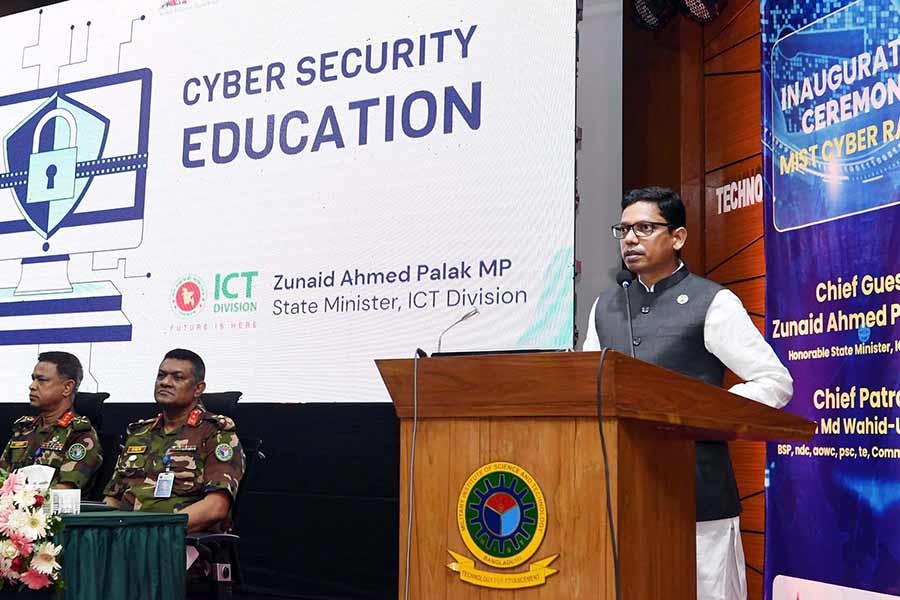 State Minister for Information and Communication Technology (ICT) Zunaid Ahmed Palak addressing the inaugural function of the country's first-ever "Cyber Range Lab" at the Military Institute of Science and Technology (MIST) in Dhaka on Sunday –PID Photo