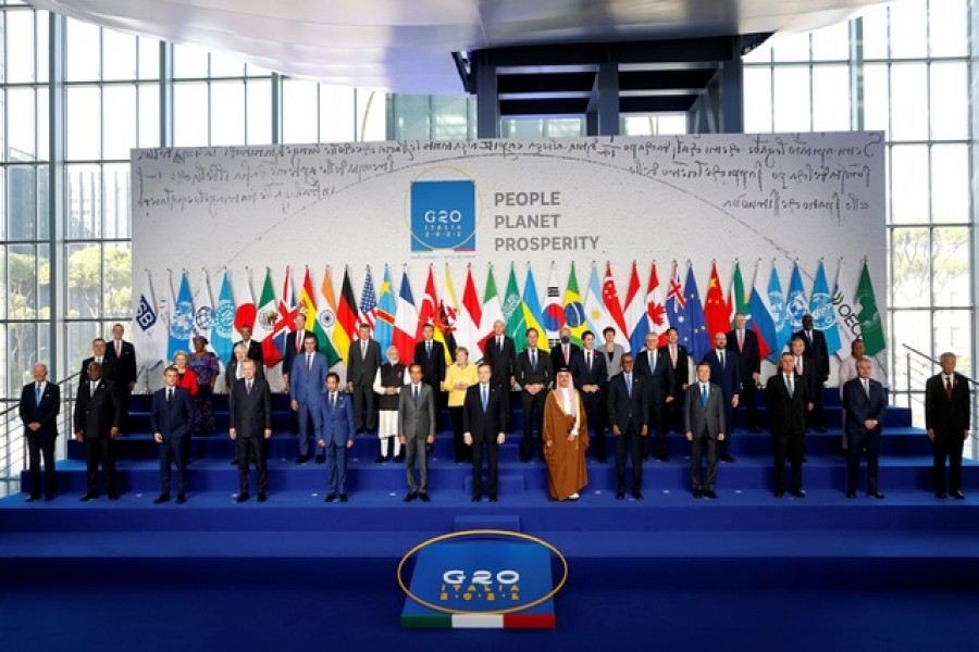 World leaders gather for the official family photograph on day one of the G20 leaders summit at the convention center of La Nuvola, in Rome, October 30, 2021 – Ludovic Marin/Pool via Reuters