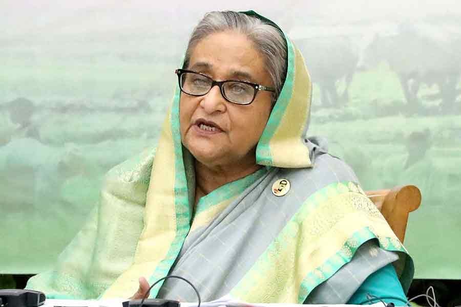 Prime Minister Sheikh Hasina addressing a programme on the 50th founding anniversary of Bangladesh Krishak League at Krishibid Institution Bangladesh auditorium, joining virtually from Ganabhaban on Wednesday –PID Photo