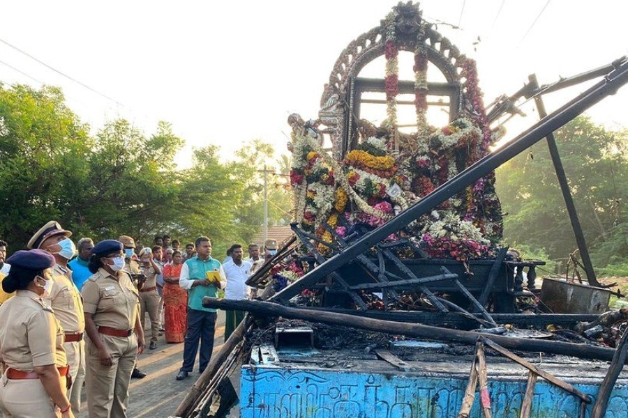 The temple chariot came in contact with a high-voltage live wire during the procession