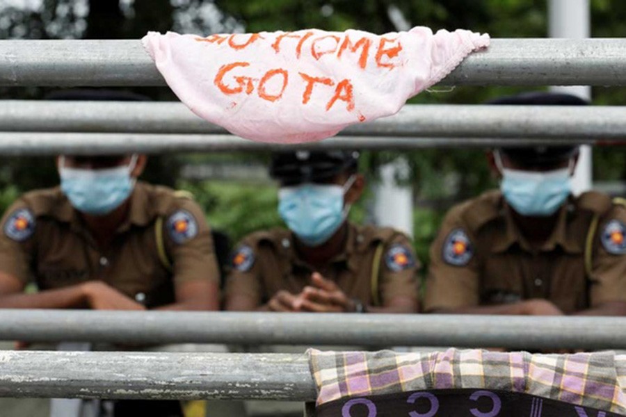 Underwears are placed by protestors on a temporary metal barrier made to block protesters at the main entrance to the parliament during the trade unions' nationwide Harthal, a peaceful protest, demanding the resignation of President Gotabaya Rajapaksa and his cabinet and blaming them for creating the country's worst economic crisis in decades, in Colombo, Sri Lanka, May 6, 2022. REUTERS/Dinuka Liyanawatte