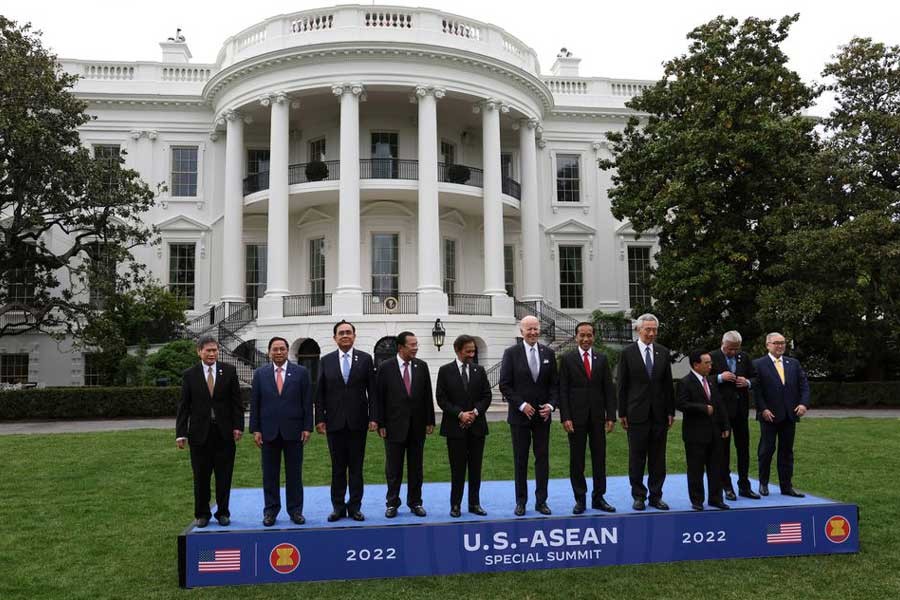 US President Joe Biden poses for a group photograph with leaders from the Association of Southeast Asian Nations (ASEAN) during a special US-ASEAN summit at the White House in Washington on Thursday –Reuters photo