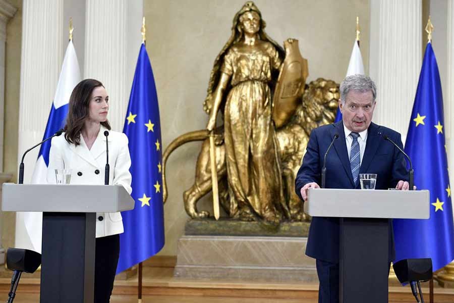 Finland's Prime Minister Sanna Marin and Finland's President Sauli Niinisto attending a joint news conference on Finland's security policy decisions at the Presidential Palace in Helsinki on Sunday –Reuters photo