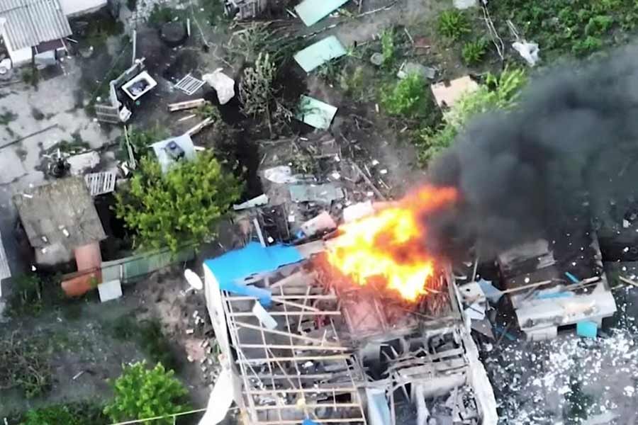 Smoke rises after an explosion of a building in this still image taken from a video –Reuters photo