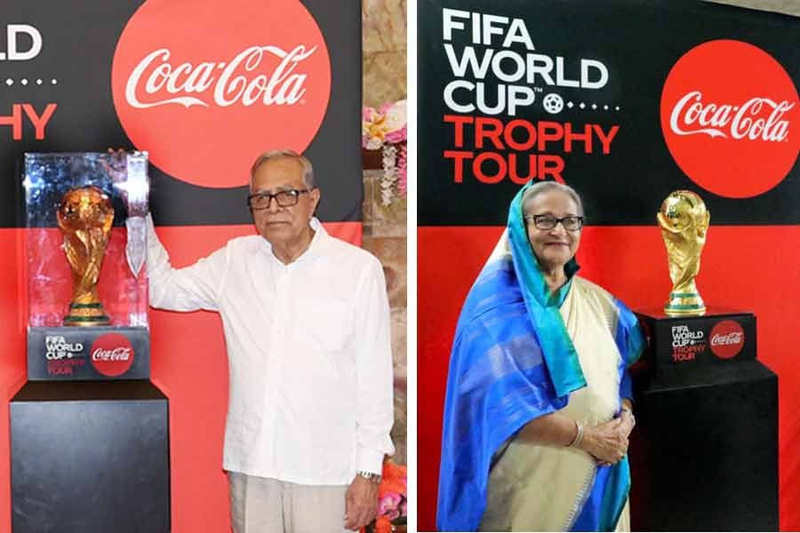 President M Abdul Hamid and Prime Minister Sheikh Hasina witnessing the FIFA World Cup trophy during separate events at Bangabhaban and parliament complex respectively on Wednesday –PID photos