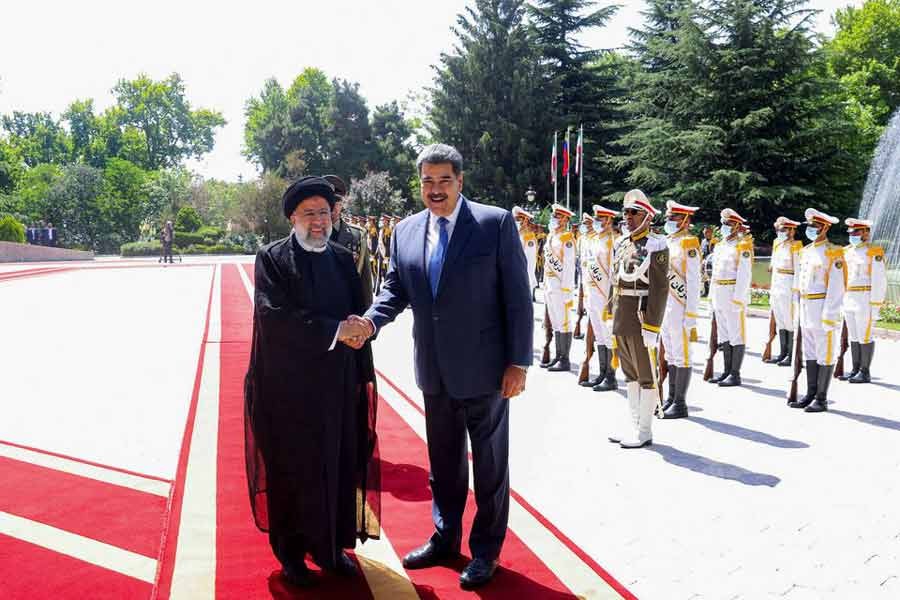 Iranian President Ebrahim Raisi shaking hands with Venezuelan President Nicolas Maduro during a welcoming ceremony in Tehran of Iran on Saturday –Reuters photo