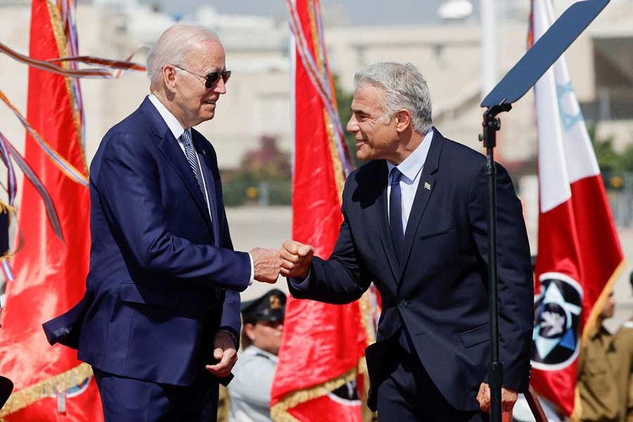 Israeli Prime Minister Yair Lapid and US President Joe Biden participating in a welcoming ceremony at Ben Gurion International Airport in Lod, near Tel Aviv, in Israel on Wednesday –Reuters photo