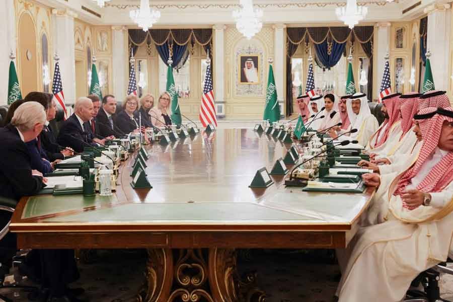 US President Joe Biden participating in a bilateral meeting with Saudi Arabia's Crown Prince Mohammed bin Salman at Al Salam Royal Palace in Jeddah in Saudi Arabia on Friday –Reuters photo