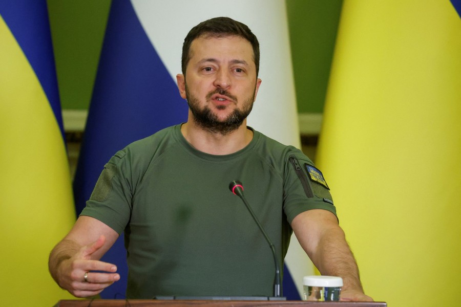 Ukraine's President Volodymyr Zelenskiy attends a joint news briefing with Dutch Prime Minister Mark Rutte (not seen), as Russia's attack on Ukraine continues, in Kyiv, Ukraine on July 11, 2022