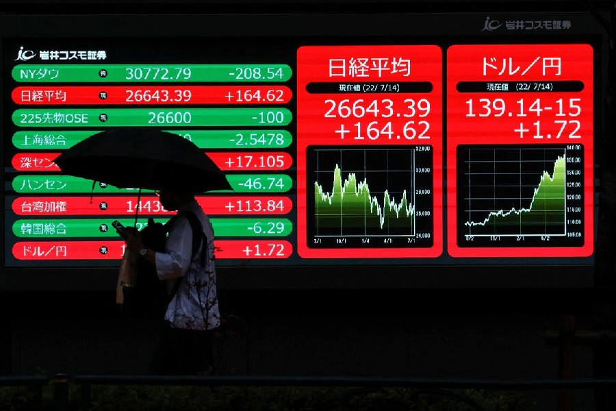 A man holding an umbrella is silhouetted as he walks in front of an electric monitor displaying the Japanese yen exchange rate against the U.S. dollar and Nikkei share average in Tokyo, Japan July 14, 2022 REUTERS/Issei Kato