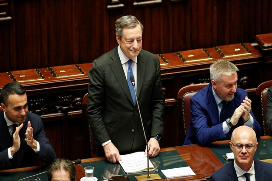 Italy's Prime Minister Mario Draghi looks on during his address to the lower house of parliament ahead of a vote of confidence for the government after he tendered his resignation last week in the wake of a mutiny by a coalition partner, in Rome, Jul 21, 2022. REUTERS