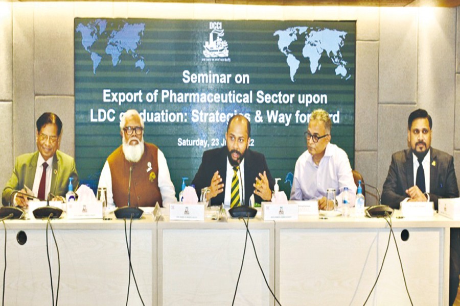 DCCI President Rizwan Rahman (middle) speaks as the chair of a seminar titled ‘Export of pharmaceutical sector upon LDC graduation: Strategies and way forward’ organised by DCCI in the capital on Saturday. Salman Fazlur Rahman (second from left), the private sector industry and investment adviser to the prime minister, was present as the chief guest and Dr Ahmad Kaikaus (fourth from left), principal secretary to the prime minister, was present as special guest .