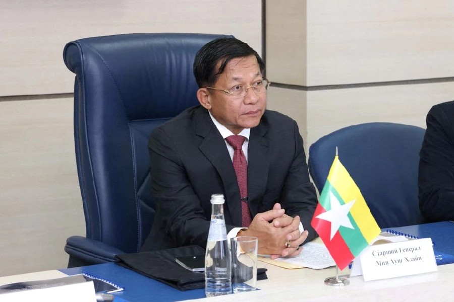 Myanmar's Prime Minister and State Administrative Council Chairman Min Aung Hlaing attends a meeting with Director General of Roscosmos Dmitry Rogozin in Moscow, Russia July 12, 2022. Roscosmos/Handout via REUTERS