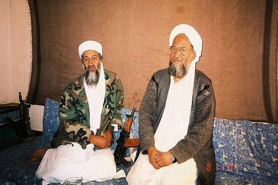 Osama bin Laden sits with his adviser Ayman al-Zawahiri, an Egyptian linked to the al Qaeda network, during an interview with Pakistani journalist Hamid Mir (not pictured) in an image supplied by Dawn newspaper November 10, 2001. Hamid Mir/Editor/Ausaf Newspaper for Daily Dawn/Handout via REUTERS/File Photo