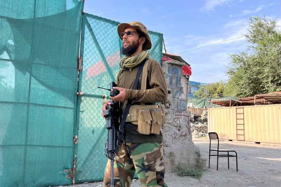 A Taliban fighter standing guard near the site where Al Qaeda leader Ayman al-Zawahiri was killed in a US strike over the weekend in Kabul on Tuesday –Reuters photo