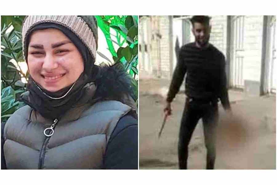 বামে মোনা হায়দারি এবং ডানে কাটা মাথা হাতে তার স্বামী