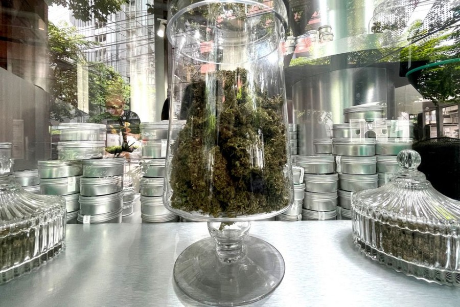 A jar with cannabis is seen in a dispensary shop in Bangkok, Thailand August 17, 2022. REUTERS/Jorge Silva