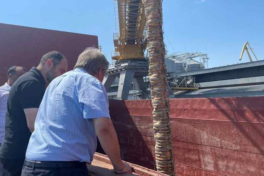 UN Secretary-General Antonio Guterres standing as he gets on board of a ship at Odesa port in Ukraine on Friday –Reuters photo