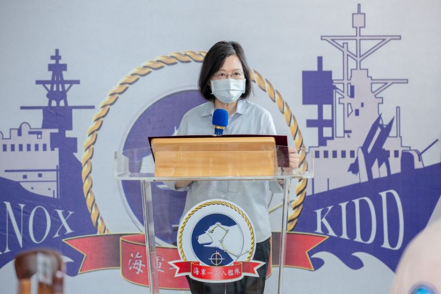 Taiwan's President Tsai Ing-wen delivers a speech during her visit to a naval base in Suao, Yilan, Taiwan in this handout picture released on August 18, 2022. Taiwan Presidential Office/Handout via REUTERS