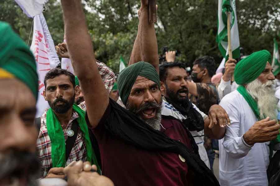 Farmers shouting slogans during a protest against Indian Prime Minister Narendra Modi and his government in New Delhi on Monday –Reuters photo