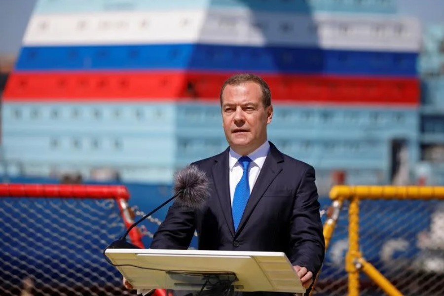 Dmitry Medvedev, Deputy Chairman of Russia's Security Council, delivers a speech in Saint Petersburg