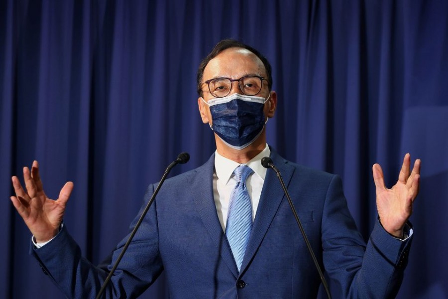 Eric Chu speaks to members of the media after winning the chairmanship of Taiwan's main opposition Kuomintang Party (KMT), in Taipei, Taiwan, September 25, 2021. REUTERS/Ann Wang