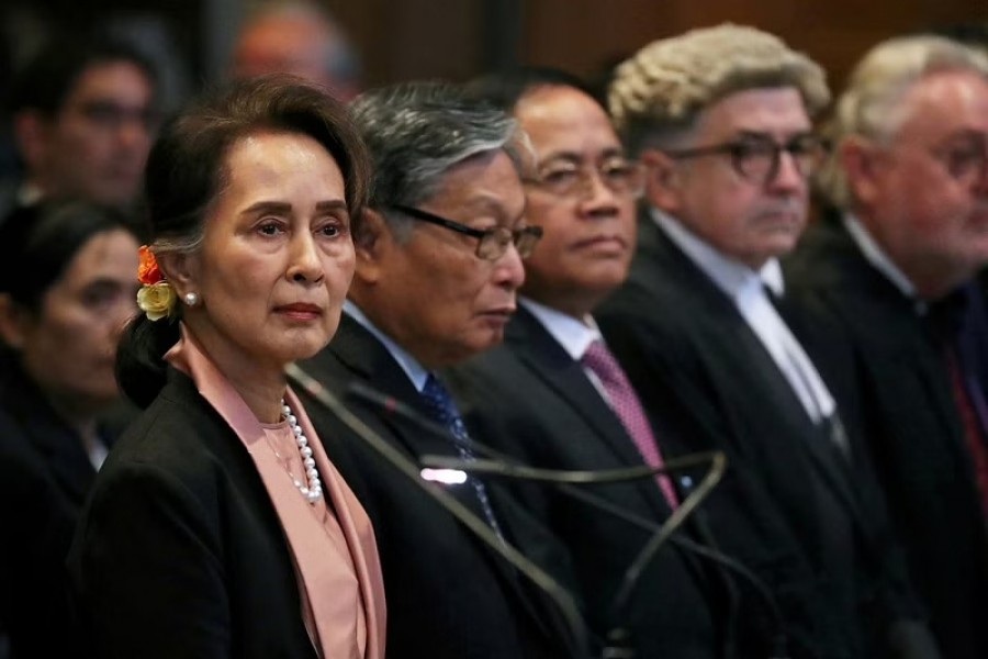 Myanmar's leader Aung San Suu Kyi attends a hearing in a case filed by Gambia against Myanmar alleging genocide against the minority Muslim Rohingya population, at the International Court of Justice (ICJ) in The Hague, Netherlands Dec 10, 2019. REUTERS