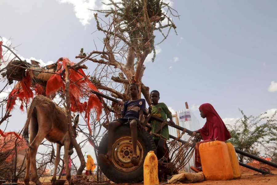 Internally displaced children pose for a photo next to a donkey-cart outside their makeshift shelters at the Kaxareey camp for the internally displaced people in Dollow, Gedo region of Somalia May 24, 2022. Picture taken May 24, 2022. REUTERS/Feisal Omar/File Photo