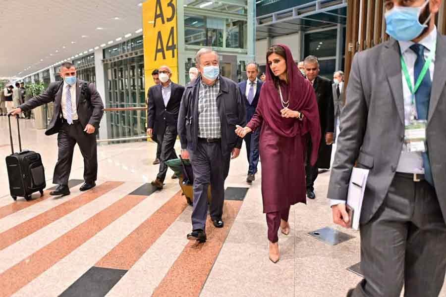 Antonio Guterres, United Nations Secretary-General, walking with Pakistan's Minister of State for Foreign Affairs Hina Rabbani Khar upon his arrival at the Islamabad International Airport in Pakistan on Friday –Reuters photo