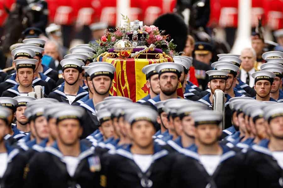 The coffin of Britain's Queen Elizabeth making its way to Westminster Abbey on the day of the state funeral and burial in London on Monday -Reuters photo